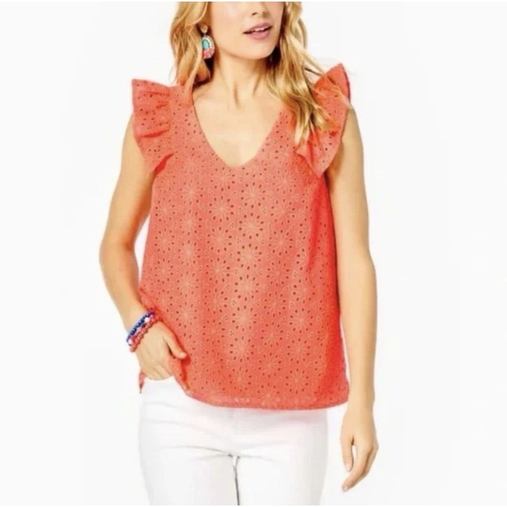 Lilly Pulitzer Top Women's Large Lina Eyelet Spicy Coral Pink Shirt Casual